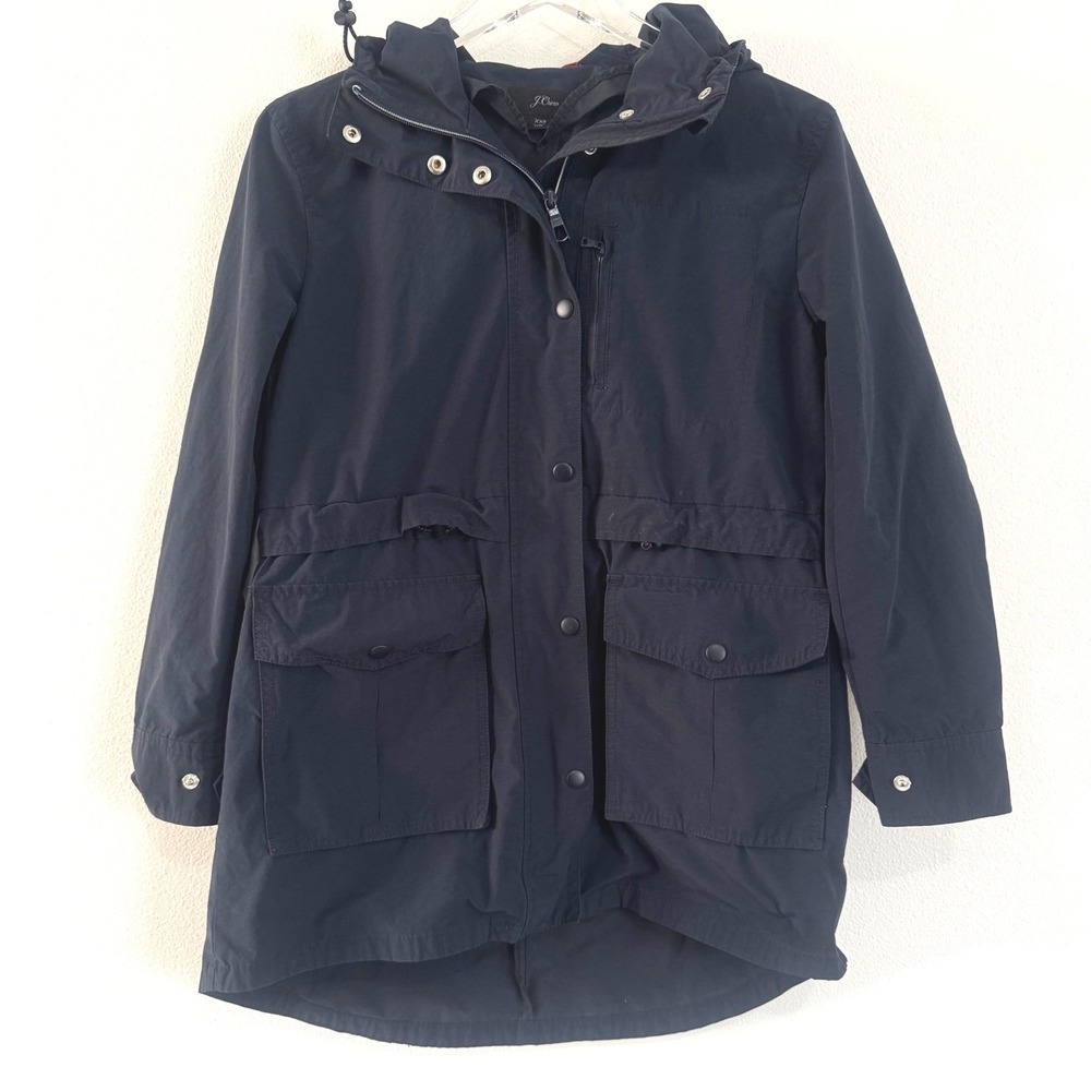 J.Crew Women's Perfect Lightweight Hooded Rain Jacket Anorak in Navy Blue